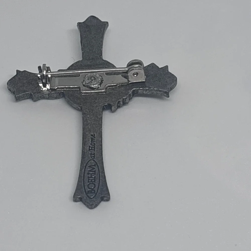 Boehm Cross Brooch‎ Pewter Tone Blue Rhinestone Vintage Signed